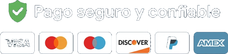 Pago seguro y confiable - Visa, Mastercard, Discover, PayPal, Amex
